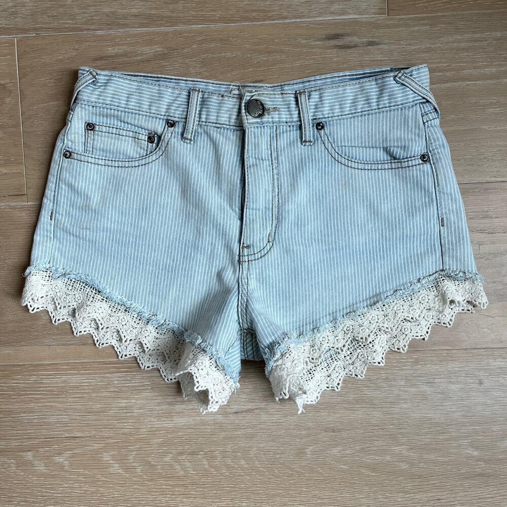 Free People Chambray Striped Crochet Scalloped Hem High Rise Denim Shorts